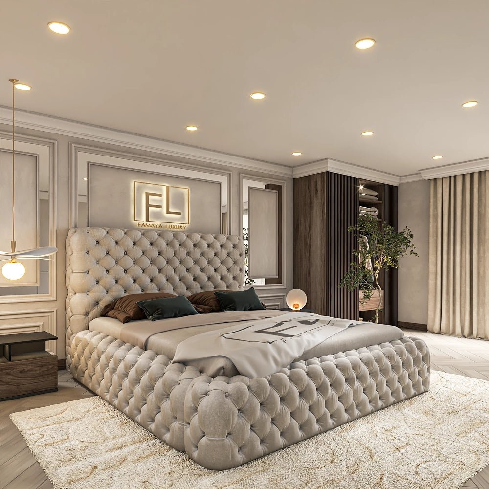 Luxurious bedroom with a large tufted bellagio ambassador bed and elegant decor.