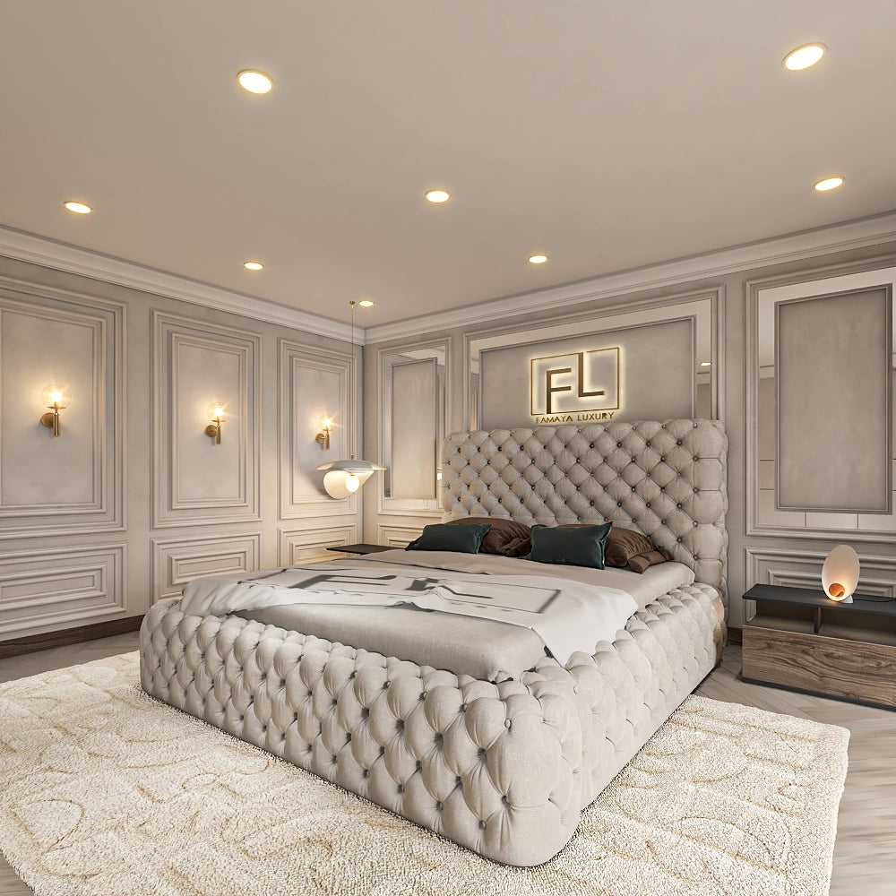 Luxurious bedroom with a large tufted bellagio ambassador bed and elegant decor.